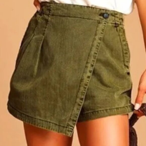 Free People Pants - Free People Olive Green Wrap-Front Denim Skort